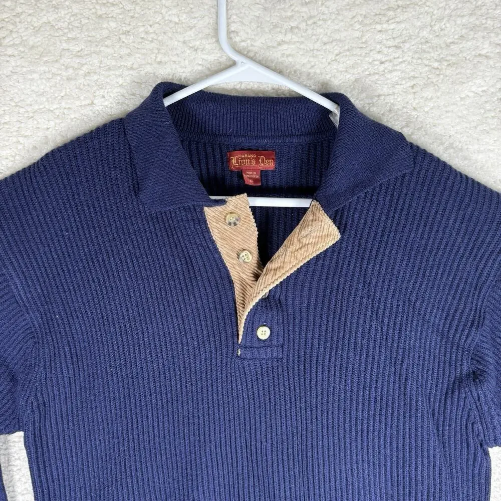 Vintage Haband Lions Den Sweater Mens XL Blue Ribbed Wool Blend Corduory Henley